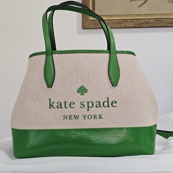 kate spade Handbags - Kate Spade Green Canvas Logo Satchel Crossbody Strap Cherry Charm